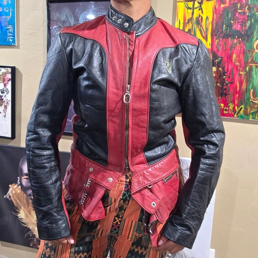 1980s Red/Black Color Block Rare Moto Leather Racing Grunge Jacket Size M